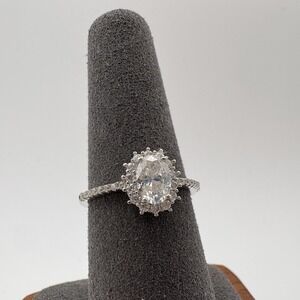 Sterling Silver Oval Halo Clear Stone Engagement Ring 925 BS Marked Size 7.25